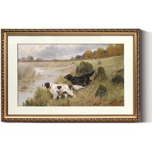 ARPEOTCY Vintage Gold Framed Large Wall Art, Retro River Dog Landscape Paintings, Canvas Prints Artwork with Antique Frame, Victorian Wall Picture Decor for Room Gallery Living Room, 16x24 inch
