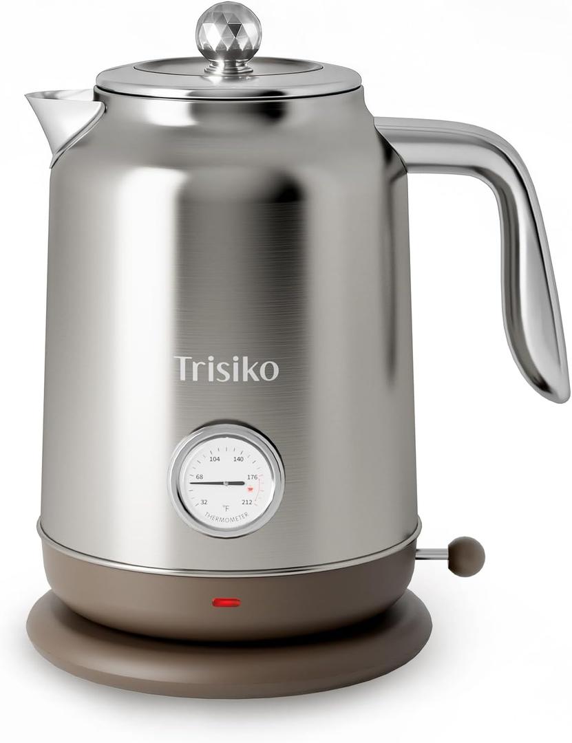 Trisiko 1.7L Large Electric Kettle with Thermometer,57.oz Electric Tea kettle with Automatically Shut Off,304 Stainless Steel,1200W Hot Water Kettle Electric for Coffee&Tea (Chrome)