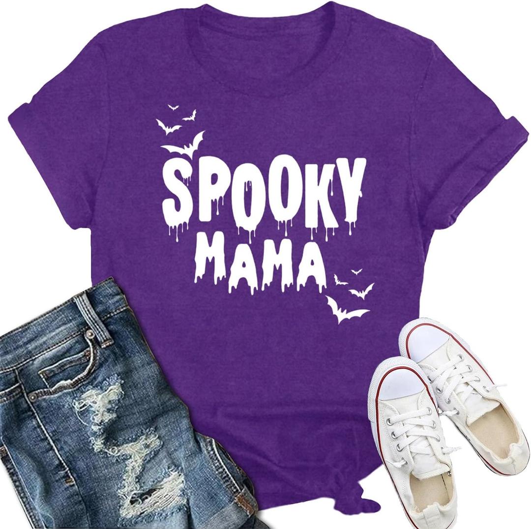 Halloween Shirts for Women Spooky Mama T-Shirt Funny Leopard Cobwebs Crewneck Tee (Purple, S)