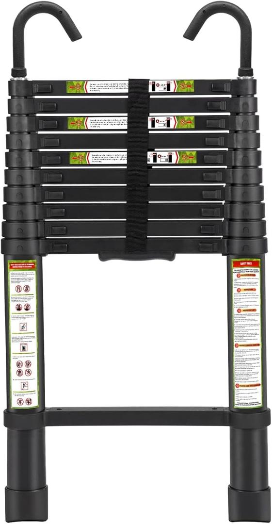 Telescopic Ladder, 10.5FT RIKADE Aluminum Telescoping Ladder with Non-Slip Feet and Stable Hook, Portable Extension Ladder for Household and Outdoor Working, 330lb Capacity (Black)