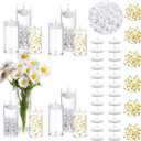 24 Pcs Floating Candles 12 Glass Vases for Centerpieces with 400 Acrylic Fake Ice Cubes 6 Pearl String Vase Filler Floating Candle Centerpieces for Tables Party Event Wedding Home Decor