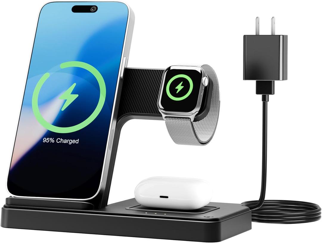 Wireless Charging Station for Apple Devices: 3 in 1 Foldable Qi Compact Case-Friendly Charger Stand for iPhone 17-12 & Apple Watch & AirPods Charging Dock for Travel Home Office Desk Nightstan
