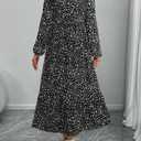 Women's Autumn Long-Sleeved Round-Neck Pleated Floral Dress a Casual and Flowing Long Dress (Black, L)