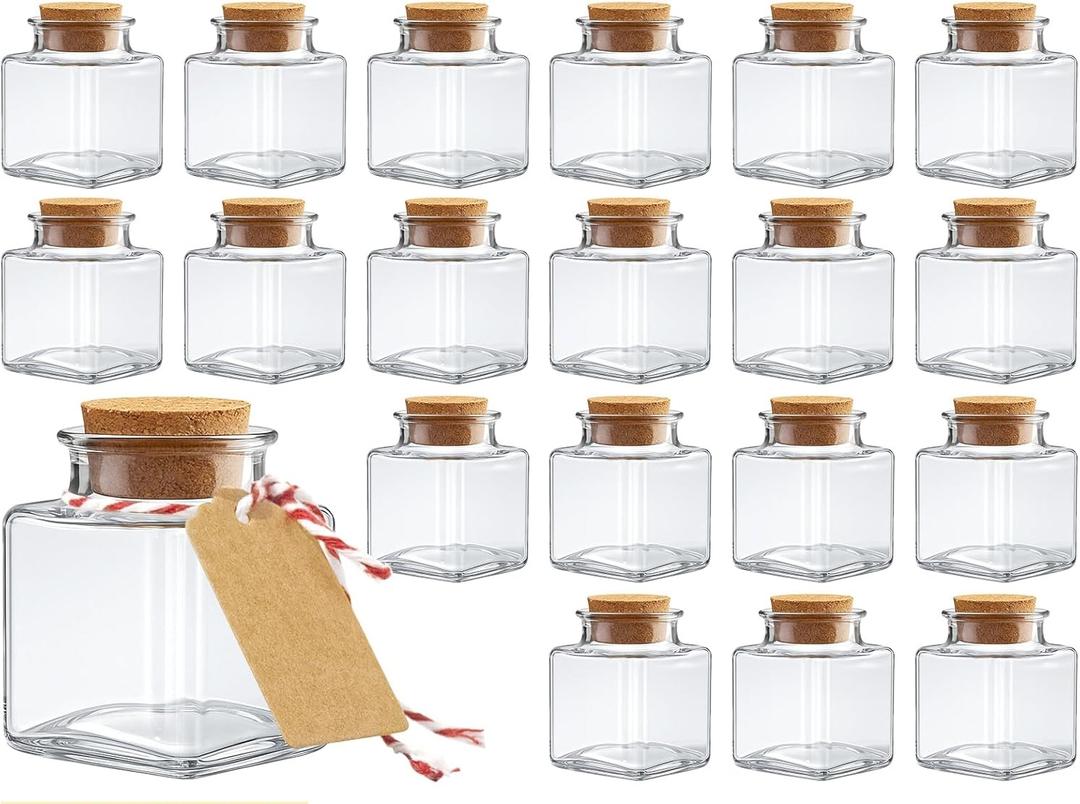 20 Pack Small Glass Jars with Lids - 1.7 oz Empty Mini Potion Bottles with Cork & Twine & Tags, Versatile Decorative Jars for Party, Wedding, Halloween Décor, Crafts (square)