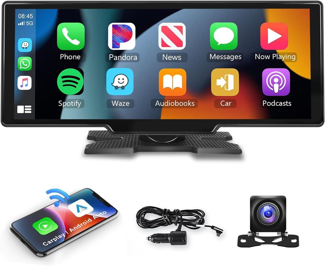 Podofo 10.26" Wireless CarPlay Car Stereo with 1080P Backup Camera, Portable Car Radio with Wireless Android Auto, IPS Touchscreen, Voice Control, Bluetooth, CarPlay Navigation, AUX/FM