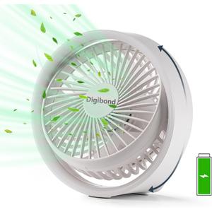 Digibond Small Desk Fan, Ultra Quite USB Fan Portable 3000mAh Rechargeable Battery Operate, High Power 3 Speed 5.3in With Ambient Light/Hook 180Rotated Easy Clean (White)