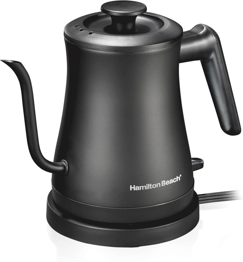 Hamilton Beach Compact 20 oz. / 0.6 Liter Gooseneck Electric Kettle for Boiling Water, Pour Over Coffee, Tea, Ultra Fast Heating With 1200 Watts, Stainless Steel BPA-Free Interior, Black 