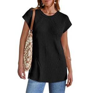 Imily Bela Womens Short Sleeve Sweater Casual Crew Neck Rribbed Knit Split Pullover Summer Tunic Tops Black
(X-Small, Black)