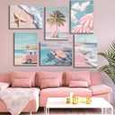 6Pcs Pink Summer Beachy Wall Art Fresh Pink Tropical Ocean Art Print Beach Chairs Starfish Surfboard Palm Tree Wall Decor Retro Coastal Canvas Picture Bus Van Canvas Painting for Bedroom Framed