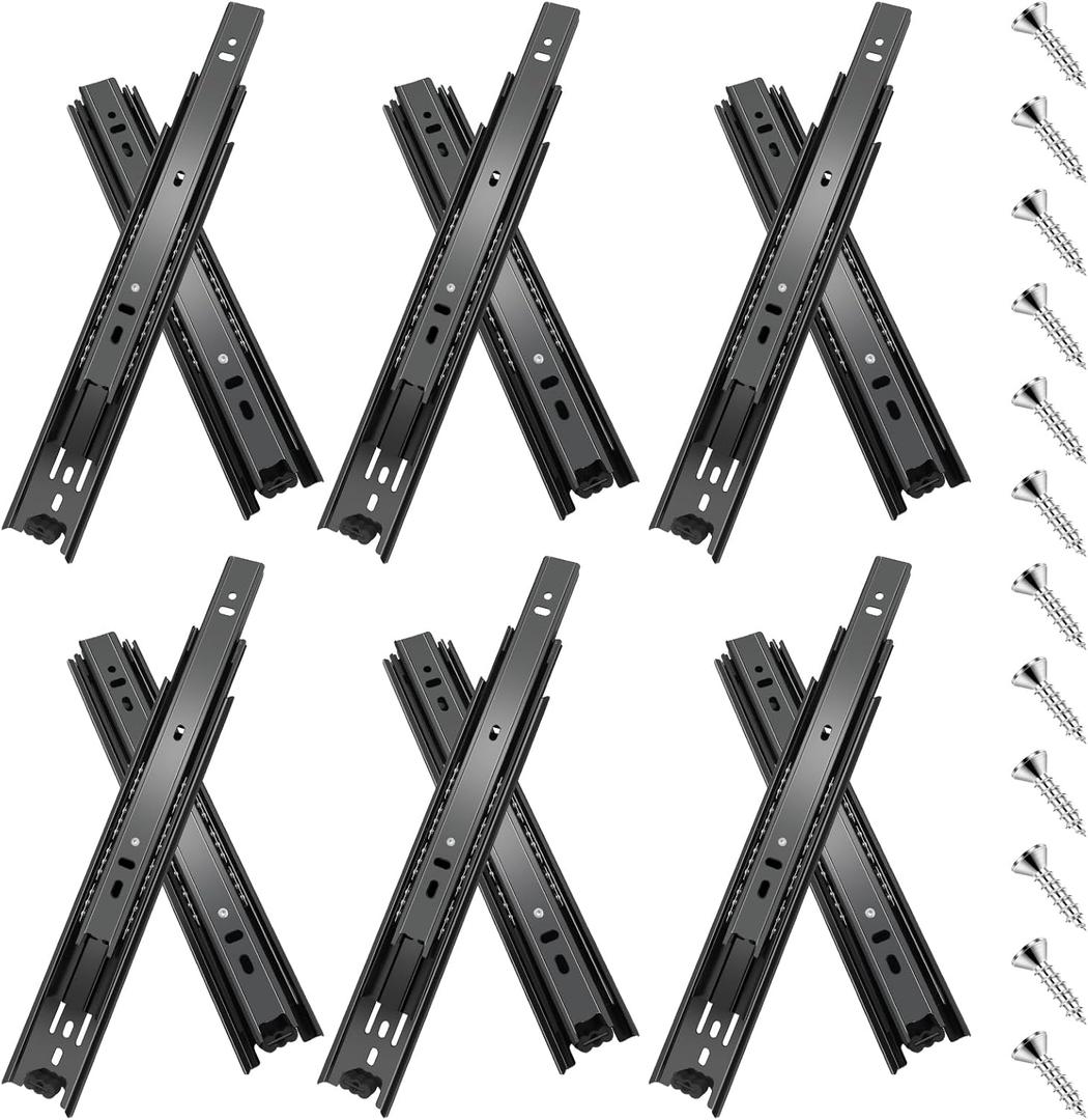 10 inch Drawer Slides 6 Pairs (12pcs) Full Extension Ball Bearing Drawer Rails Side Mount 3 fold Metal Dresser Runners for File Cabinet Trash Can Kitchen Wardrobe Glides 10" Black 100 LB Capacity (10inch-250mm)