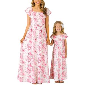 Mommy and Me Summer Off Shoulder Beach Maxi Dresses with Pocket for Mother’s Day, Easter, Family Photos Large, Flower-pink