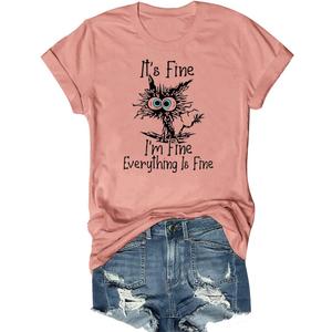 Women's I'm Fine Everything is Fine T-Shirts Short Sleeve Sayings Loose Fit Casual Cute Cat Graphic Tee Blouse Tops (X-Large)