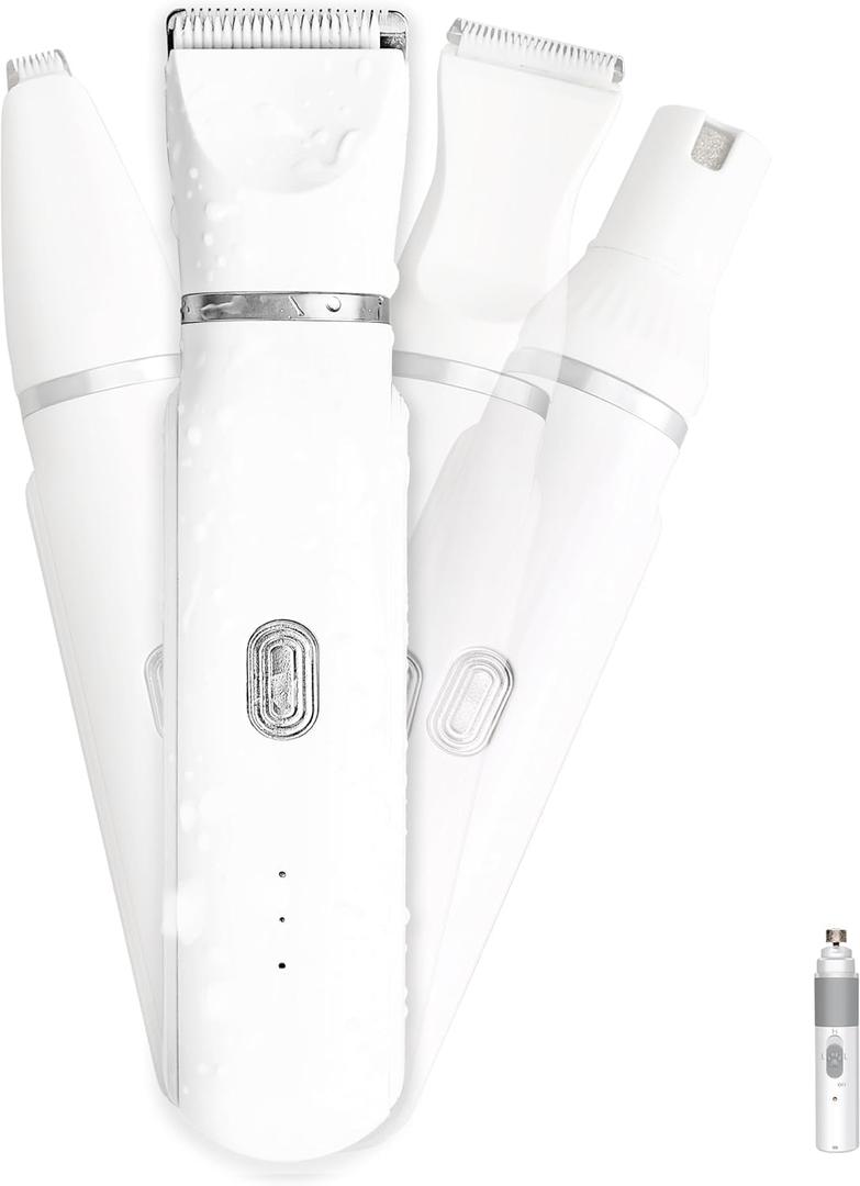 4 in 1 Mini Pet Hair Trimmer, Waterproof Design, 4 Grooming Heads Set, Anti-Mistake Switch, Cordless & Rechargeable, Suitable for Cats and Small Dogs (White)