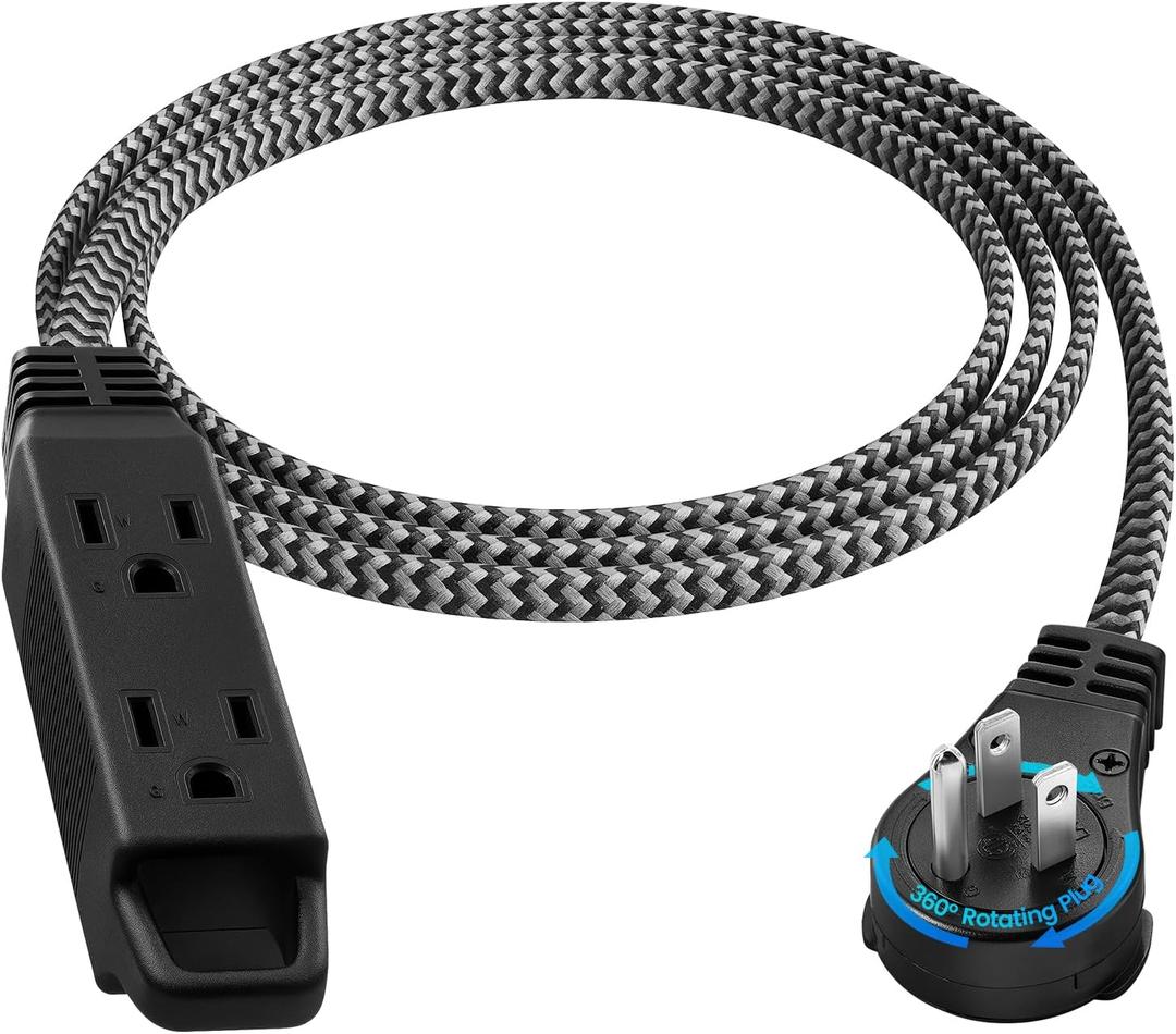 SURAIELEC 6FT Flat Extension Cord with 360 Rotating Plug, Braided Flat Plug with 3 Outlets, 16 AWG Thin Black Extension Cord for Indoor Use, Home, Office, Compact Spaces, ETL Listed