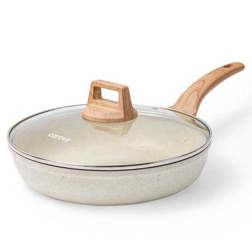 CAROTE Non Stick Frying Pan Skillet,10" Nonstick Fry Pan with Glass Lid, Egg Pan Omelet Pans, Granite Cookware PFOA Free White Granite, 10-Inch