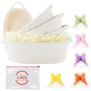 5 Pack Easter Gift Basket Kit with Bags and Ribbons - Small neutral beige color Cotton Rope Baskets - DIY Easter Egg Hunt Buckets & Decorative Mini Storage Bins for Wedding, Party Favors