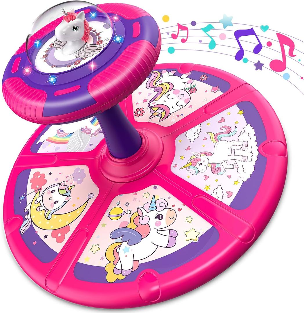 Flooyes Unicorn Sit and Spin Toys for Toddlers Girls 1 2 3 Years Old, Birthday Gifts for 2-4, with LED and Music, 360 Spin (Pink)