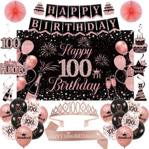 100th Birthday Decorations for Women, Rose Gold 100 Birthday Crown and Sash, Black and Pink 100 Years Banner Balloons Backdrop Hanging Swirls Paper Fans, 100 Years Old Party Supplies (100th)