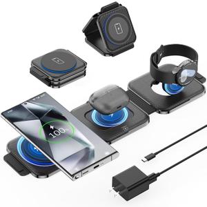 Foldable 3 in 1 Wireless Charger for Samsung Multiple Devices, Travel Wireless Charging Station/Stand for Galaxy S25 Ultra/S24/Z Fold Flip 6/5, Charger Dock Stand for Samsung Watch 7, Buds Pro3Black