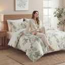 MOVE OVER 100% Cotton Duvet Cover Set Queen Size, Beige Green Botanical Floral Bedding Set with Zipper Closure & Corner Ties, Soft Breathable Vintage Flower Duvet Cover Set for All Seasons