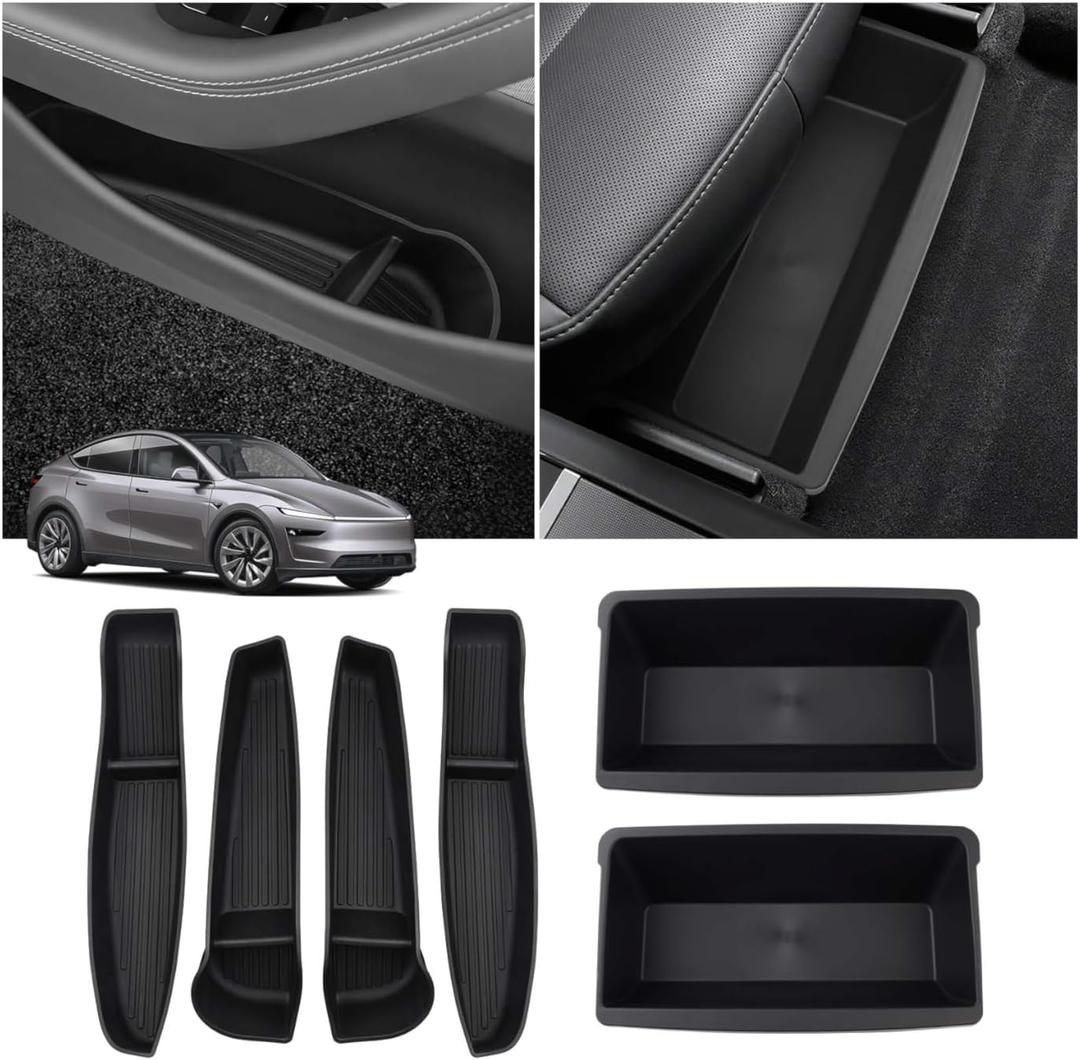 Canvcle 6PCS Under Seat Storage Box Organizer & Door Side Storage Box for 2025 2026 Tesla Model Y Juniper Accessories, Front Seats Underseat Storage Bins Door Tray Insert, Hidden Organizer TPE Black