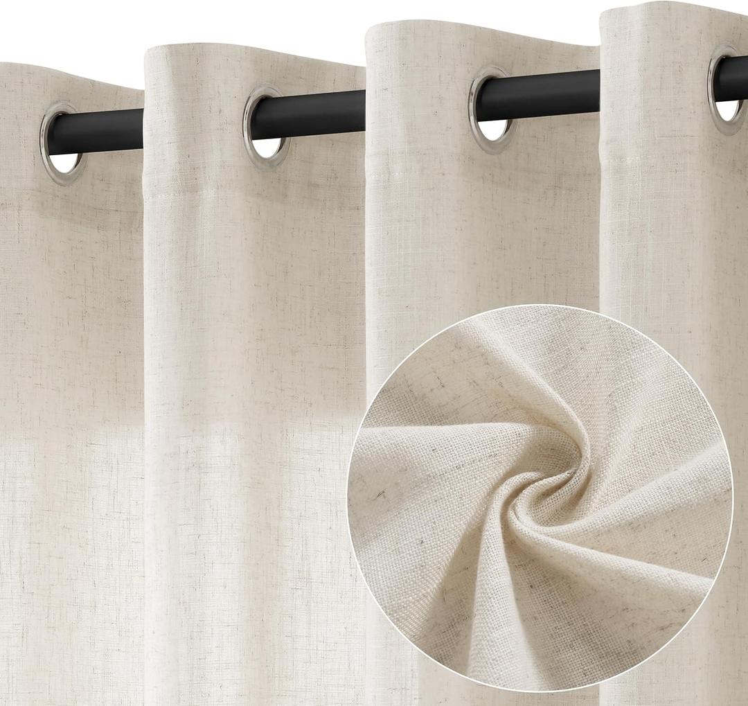 Sand Beige Linen Curtains 90 Inch Length 2 Panels for Living Room Bedroom, Light Filtering Sheer Curtains 90 Inches, Elegant Modern Grommet Semi Sheer Soft Privacy Drapes