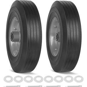 10" x 2.5" Flat Free Solid Rubber Tires 10 Inch Hand Truck Solid Wheels Replacement with 5/8" Axles, 8 Spacers 4 Pins for Hand Trucks, Wheelbarrows, Dolly Trolleies, 2 Packs