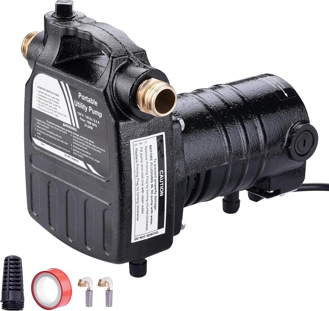 1/2HP 1450GPH 115-Volt Cast Iron Portable Electric Power Utility Transfer Water Pump with Carbon Brush, Filter, Brass Connectors, for Garden, Rain Barrel, Pool, Pond, Hot Tub, Aquarium Draining