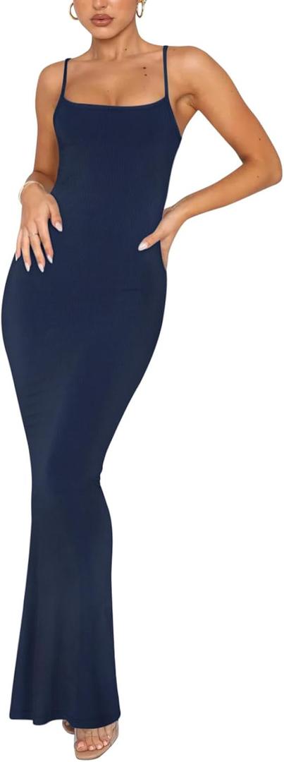 REORIA Women's Basic Sexy Lounge Slip Long Dress Elegant Sleeveless Backless Ribbed Bodycon Maxi Dresses (Navy Blue) X-Large