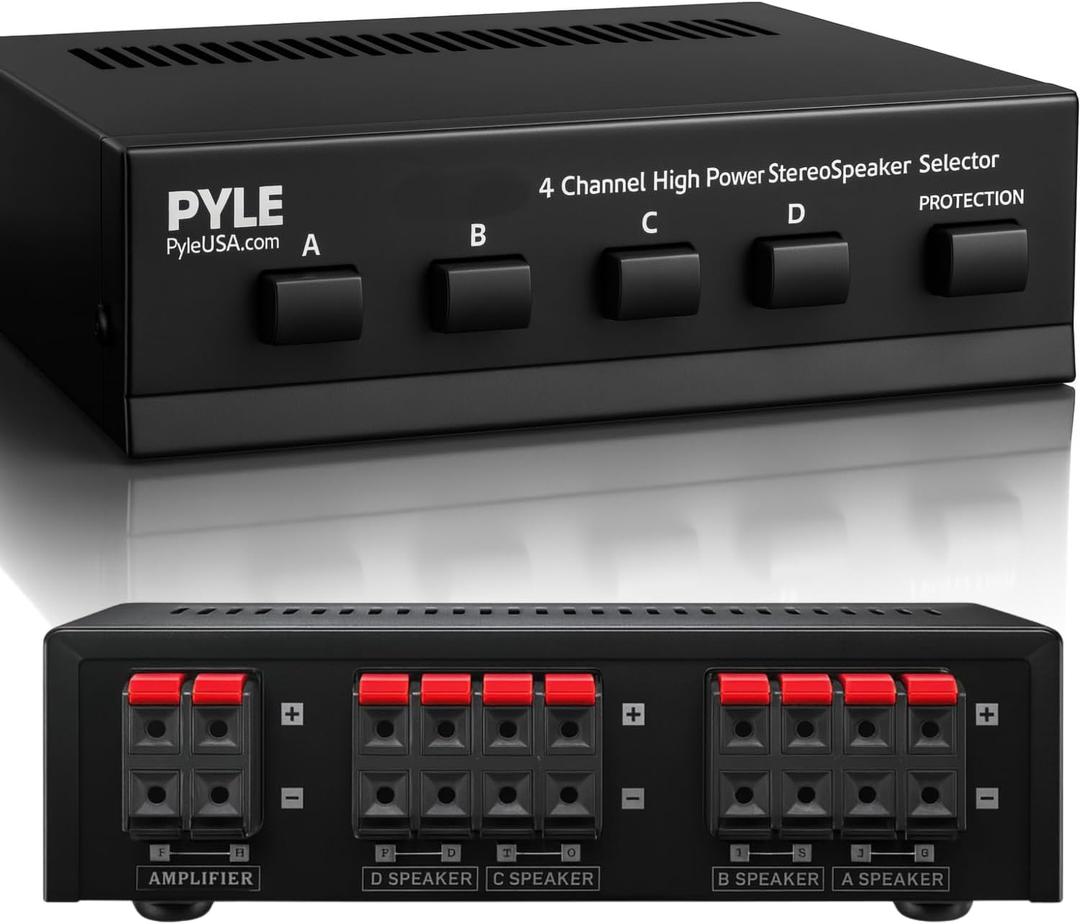 Pyle 4-Zone Speaker Selector Switch - Premium Distribution Hub with A/B/C/D Switches for Multi-Channel High-Power Amp Installations - Supports up to 4 Pairs of Switched Speakers - PSS4
