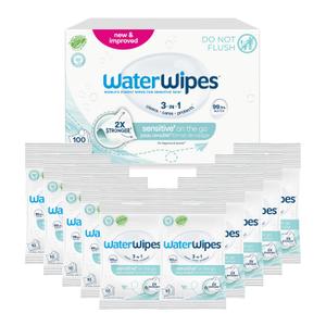 2 x WaterWipes Sensitive+ On The Go Wipes, 3-In-1 Cleans, Cares, Protects, 99.9% Water, Unscented & Hypoallergenic Wet Wipes, 100 Count (10 Packs)