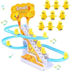 Small Ducks Climbing Toys, Electric Ducks Chasing Race Track Game Set, Playful Roller Coaster Toy with 9 Duck LED Flashing Lights & Music Button, Fun Duck Stair Climbing Toy for Children and Kids (A)