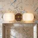 Vintage Milk Glass Bathroom Vanity Light – 2-Light Hand-Blown Green Wall Sconce, Antique Brass Finish, Vertical or Horizontal Mount, Mid Century for Mirror, Bedroom, Hallway