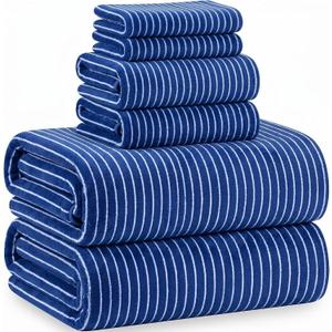 6 Pcs Oversized Bath Towels for Adults 35x70 Inches Blue & White Striped Extra Large Bath Towel Sets Bathroom Sheets Jumbo Shower Towels Quick Dry Absorbent Soft Microfiber for Women Men