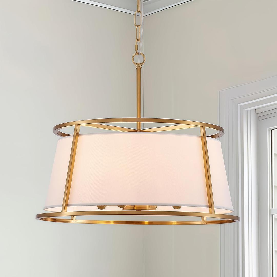 Shrine Lighting Drum Chandeliers, Modern Style, Perfect Pendant Light Fixture for Dining Room, Living Room, D20'' x H9'', Adjustable Chains 59'', E12*4 Sockets, White Lampshade & Brass Finish Frame (Brass D19.7'')