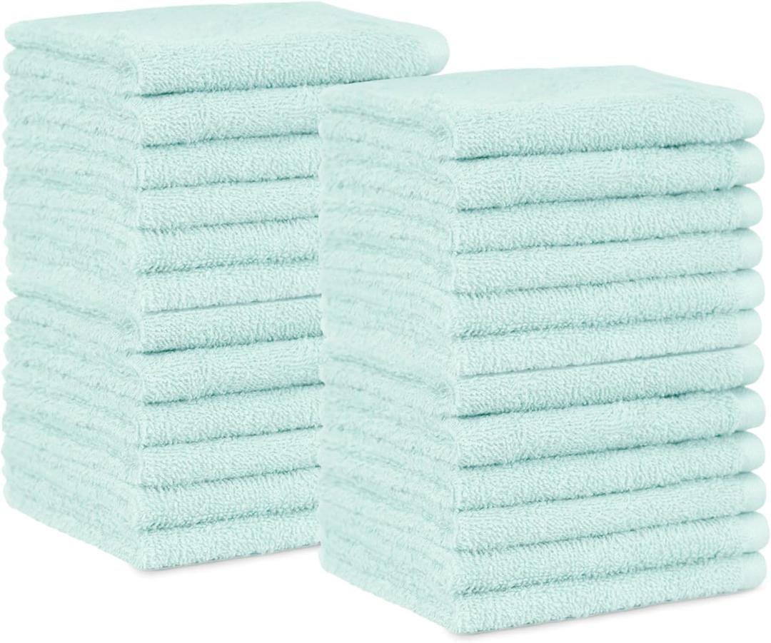Amazon Basics face Towels for bathroom, 100% Cotton Extra Absorbent washcloth, Fast Drying - salon towel - 24 Pack Ice Blue (12 x 12 inches)
