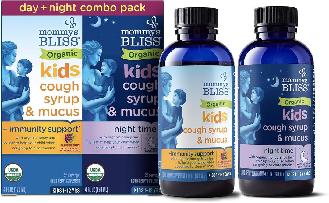 Mommy's Bliss Organic Cough Syrup & Mucus for Kids, Day and Night Combo Pack with Vitamin C and Immunity Support, Contains Organic Honey and Ivy Leaf, 4 Fl Oz (Pack of 2) Mommy's Bliss Organic Cough Syrup & Mucus for Kids, Day and Night Combo Pack with Vitamin C and Immunity Support, Contains Organic Honey and Ivy Leaf, 4 Fl Oz (Pack of 2)