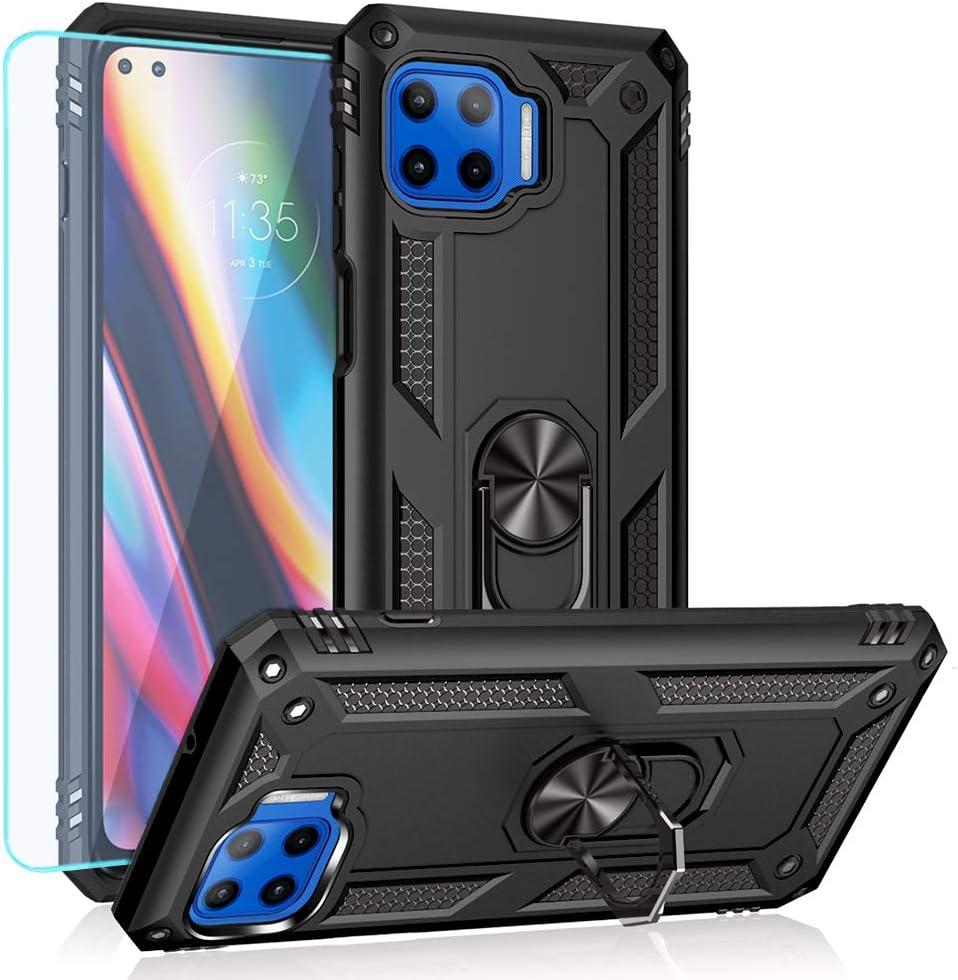 Motorola One 5G Cellular Phone Case, Hybrid Hard PC Soft TPU Shockproof Protective Case, Ring Car Mount Kickstand, Black