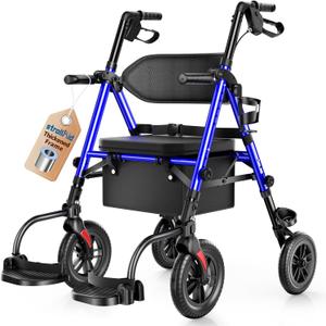 Walkers for Seniors, 2 in 1 Rollator Wheelchairs Combo 10" Big Wheels Walker with Seat, Rollator Transport Chair with Brakes Folding Rolling Walker for Adults, Blue