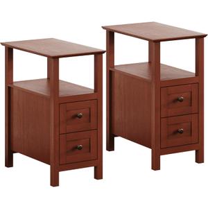 ChooChoo End Tables Living Room Set of 1, 3-Tier Narrow Nightstand with with 2 Drawers, Slim Bedside Tables for Living Room, Bedroom, Small Space, Cherry Brown, 1 Pack