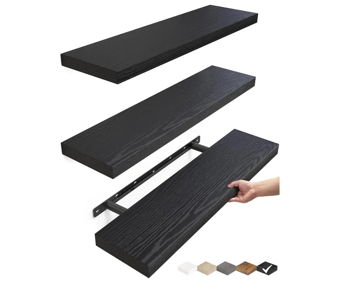 BAYKA Floating Shelves for Wall, 22.5 inches Wall Mounted Rustic Wood Shelves for Bathroom, Bedroom, Living Room, Floating Shelves for Books/Storage/Decor (Black,Set of 3)