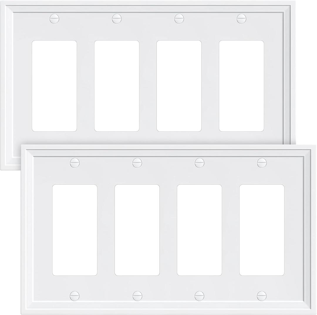 4-Pack Quad Decorator Outlet Cover Plate, White Decorative Switch Plates and Outlet Covers, Natural Bamboo Fiber Wall Plates for Electrical Outlets, Receptacle, GFCI Outlet, Dimmer Switch