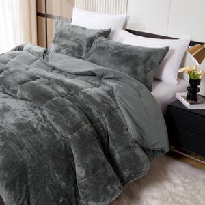 YIYEA Faux Fur Queen Size Comforter Set, Luxury Ultra Soft Fluffy Comforter, Plush Fuzzy Bedding Comforter Sets for Fall Winter, Cozy Warmth, No Shedding, 3PC, Queen, Dark Grey