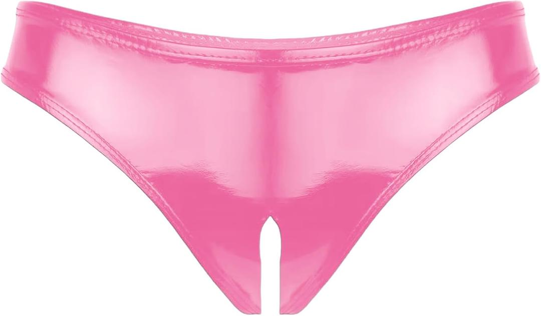 SEAUR Women Sexy Metallic Panties Shiny Booty Underwear Latex Leather Pvc Shorts Cheeky Bottom (Pink, L)