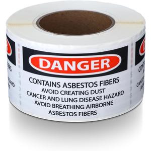 500 PCS "DANGER CONTAINS ASBESTOS FIBERS, AVOID CREATING DUST. etc" Hazard Warning Label - 5" Width x 3" Height Workplace Warning Sign, Pressure Sensitive Vinyl, Red/Black On White