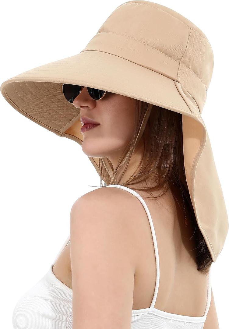 Womens Sun Hat Wide Brim with Ponytail Hole Neck Flap Outdoor UV Protection Foldable Fishing Cap UPF 50+ (Beige)
