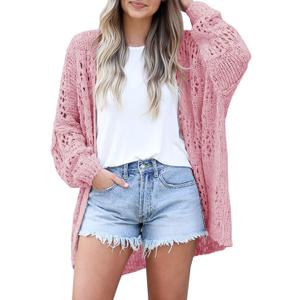 Mafulus Women's Crochet Cardigan Kimono Boho Long Sleeve Lightweight Soft Oversized Open Front Knitted Sweater (Large, Pink)