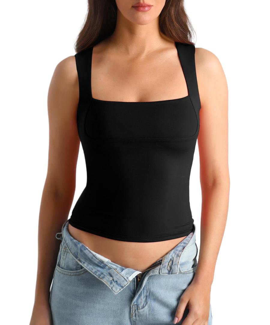 HOYAYO Women's Square Neck Sleeveless Double-Layer Tank Tops Y2K Basics Outfit Tee T Shirts Black S
