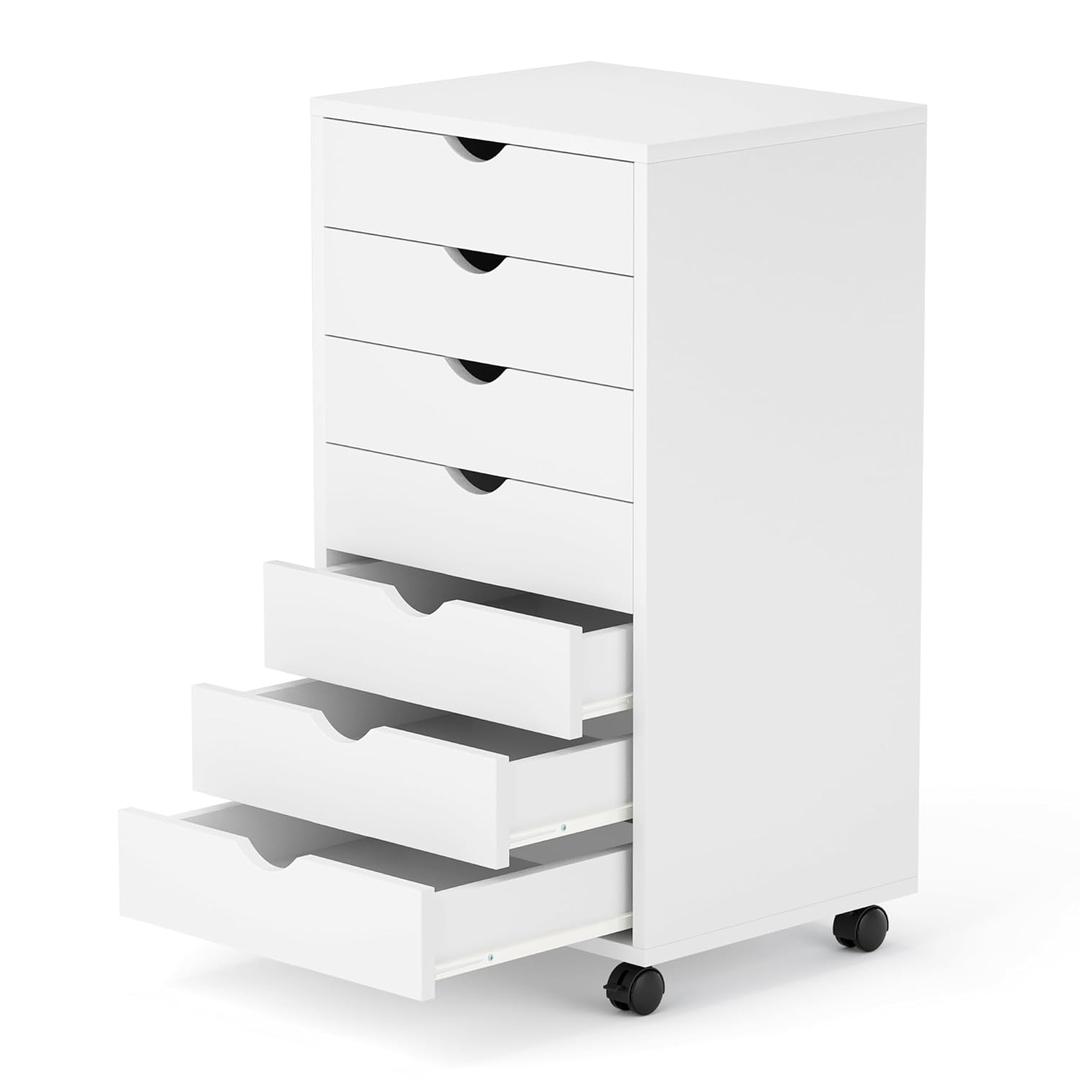 7 Drawer Mobile File Cabinet Under Desk Storage Organization with Wheels Vertical Filing Chest Rolling Wood Small Desk Printer Stand for Home Office, White