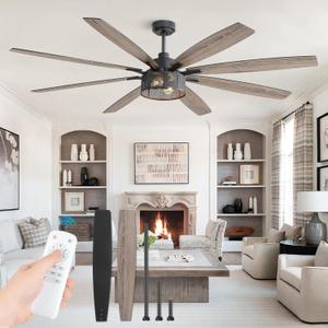 Farmhouse Ceiling Fans with Lights and Remote, 72 Inch Grey Industrial Caged Ceiling Fans for Bedroom Living Room Kitchen, 6 Speed Reversible Quiet DC Motor, Dual Finish 8 Blades (Black and Light Oak Brown)